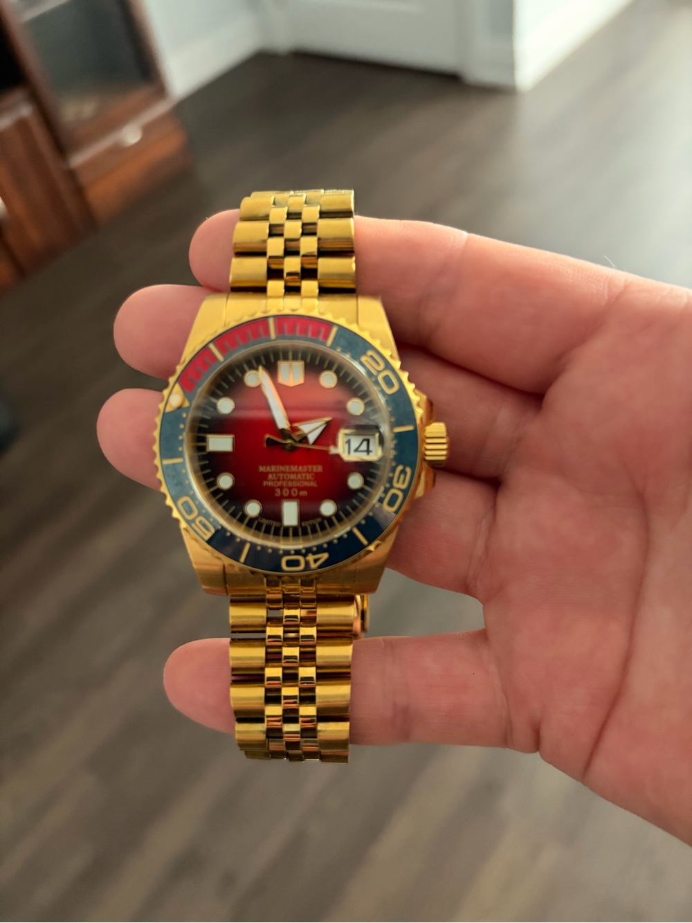 Gold Tone Men's Dive Watch with Blue & Red Dial